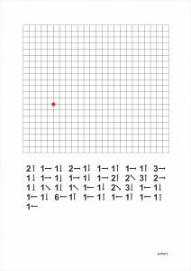 Plansza z kratką (24 rzędy poziomo x 21 rzędy pionowo) z czerwonym punktem, który stanowi początek rysowania wg podanych niżej poleceń w postaci cyfry i strzałki). Obok na dole nazwa rysunku.