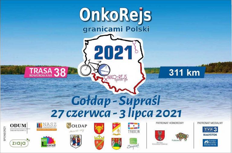 Plakat OnkoRejs, w tle jezioro oraz mapa polski