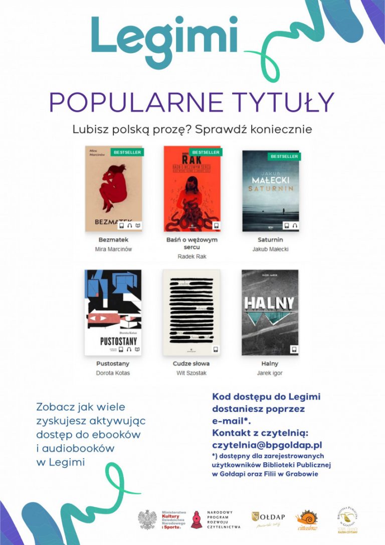 Plakat informacyjny o Legimi przedstawiający pięć okładek książek polskiej prozy.