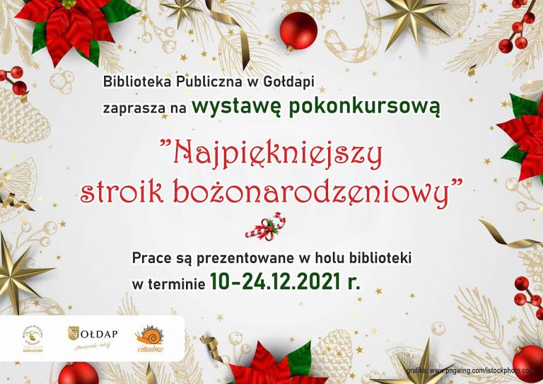 Na plakacie widzimy bombki ,gwiazdki oraz kwiat gwiazdy betlejemskiej , informacje o rozpoczynającej się wystawie.