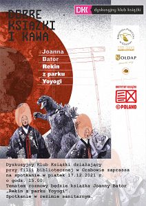 Plakat z okładką książki oraz informacją o spotkaniu, po prawej stronie logotypy