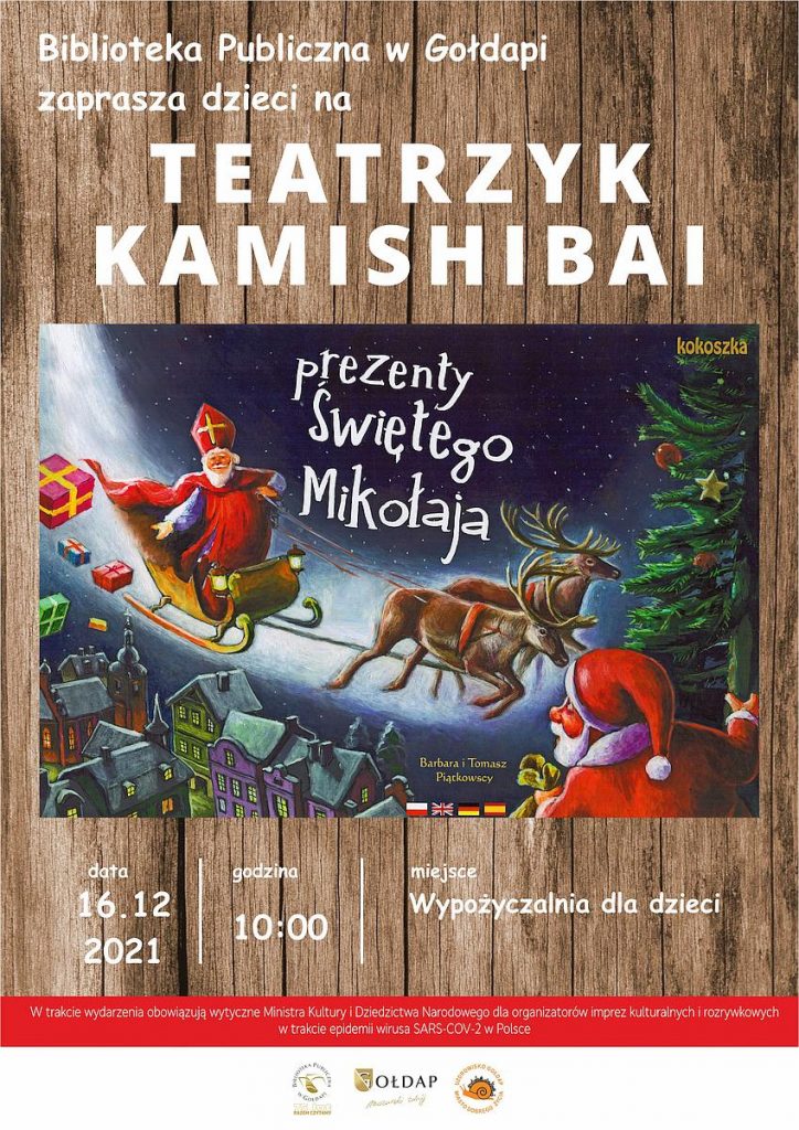 Na plakacie znajduje się dwóch mikołai. Jeden z nich leci w saniach nad domami, drugi trzyma choinkę i trzyma worek z prezentami