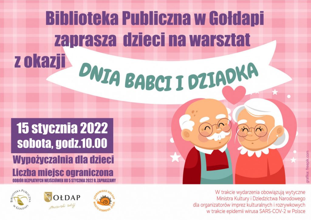 1. Plakat posiada różowe tło , w dolnym prawym rogu znajduje się obrazek przedstawiający babcię i dziadka
