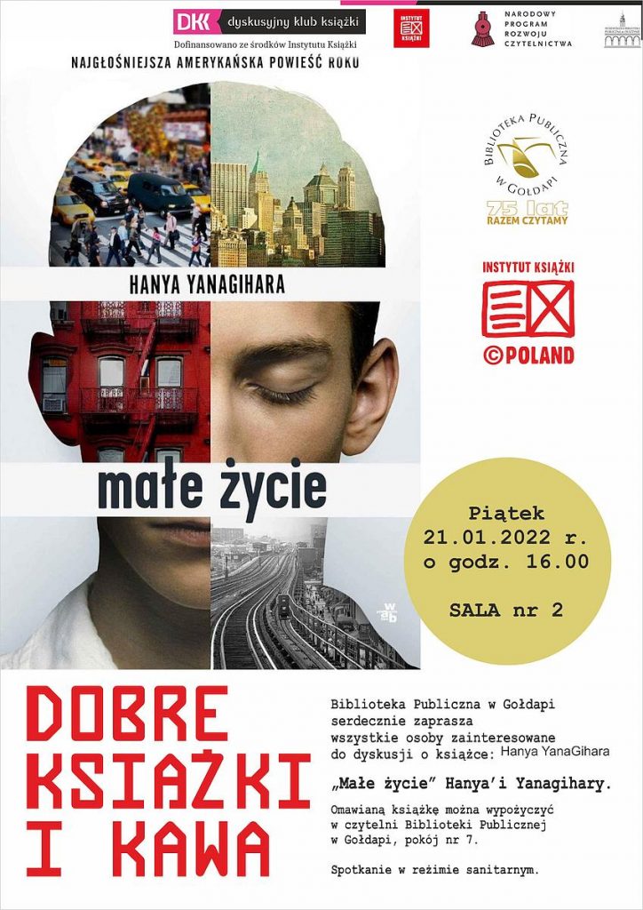 Plakat z okładką książki i informacją o spotkaniu Dyskusyjnego Klubu Książki.