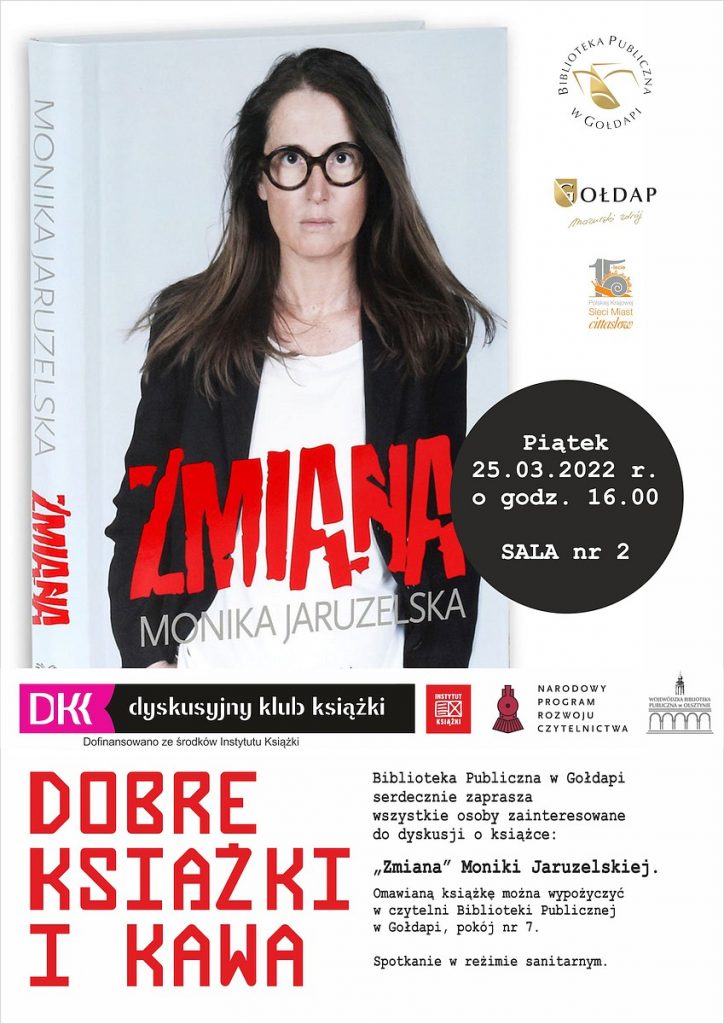 Plakat z okładką książki i informacją o spotkaniu Dyskusyjnego Klubu Książki.