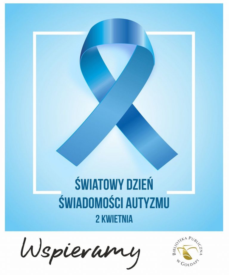 niebieska wstążka symbolizująca autyzm, napis WSPIERAMY i logo biblioteki