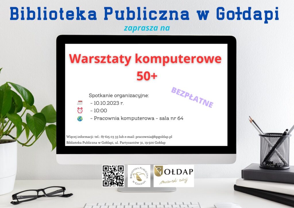 Plakat przedstawiający opis i miejsce Warsztatów komputerowych 50+