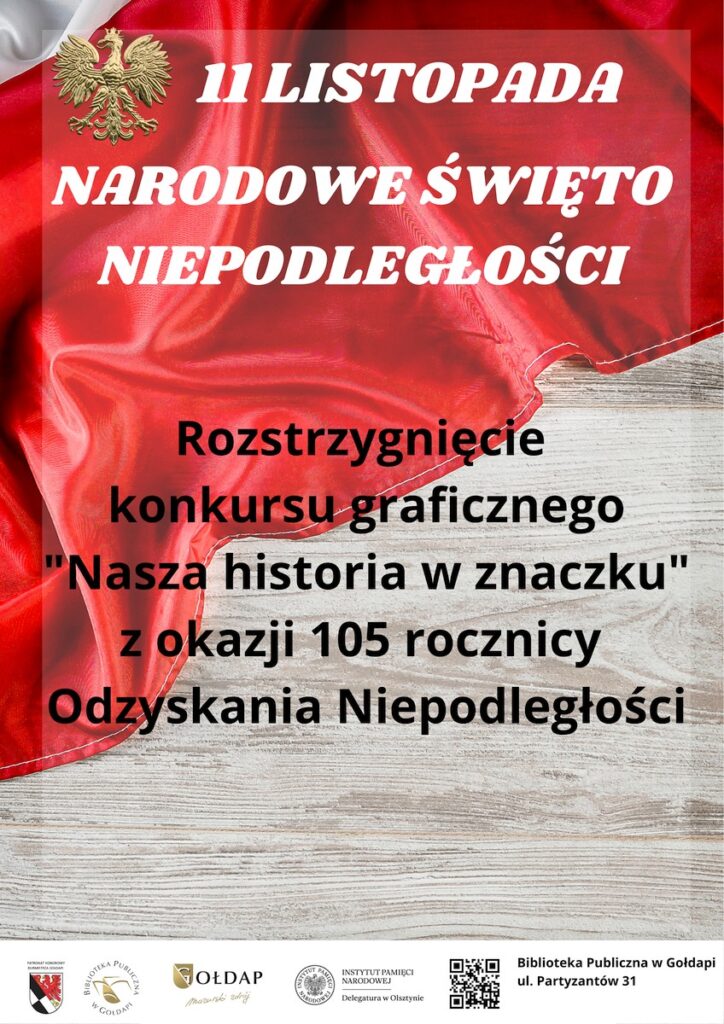 Plakat informujący o rozstrzygnięciu konkursu graficznego „Nasza historia w znaczku”.