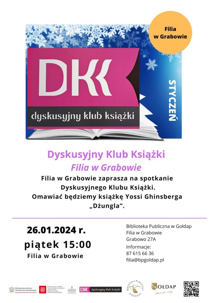 Biały plakat ze zdjęciem z książką na niebieskim tle. Plakat informuję o dacie i godzinie spotkania Dyskusyjnego Klubu Książki w Filii w Grabowie.