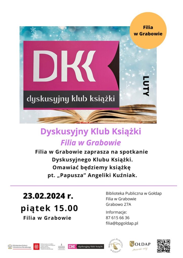 Biały plakat ze zdjęciem z książką . Plakat informuję o dacie i godzinie spotkania Dyskusyjnego Klubu Książki w Filii w Grabowie.