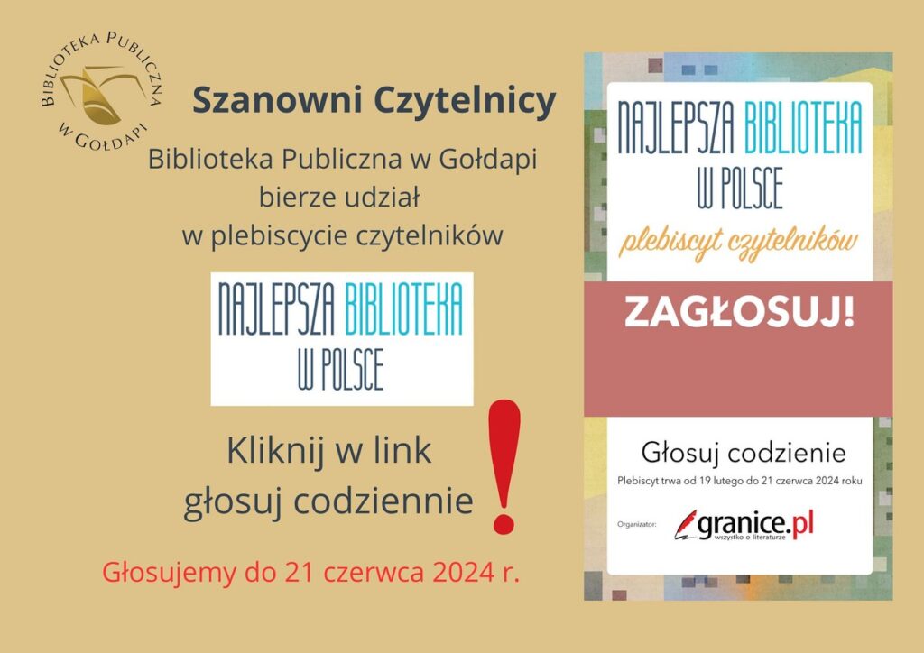 Plakat plebiscytu z informacją o udziale biblioteki i prośbą o głosy