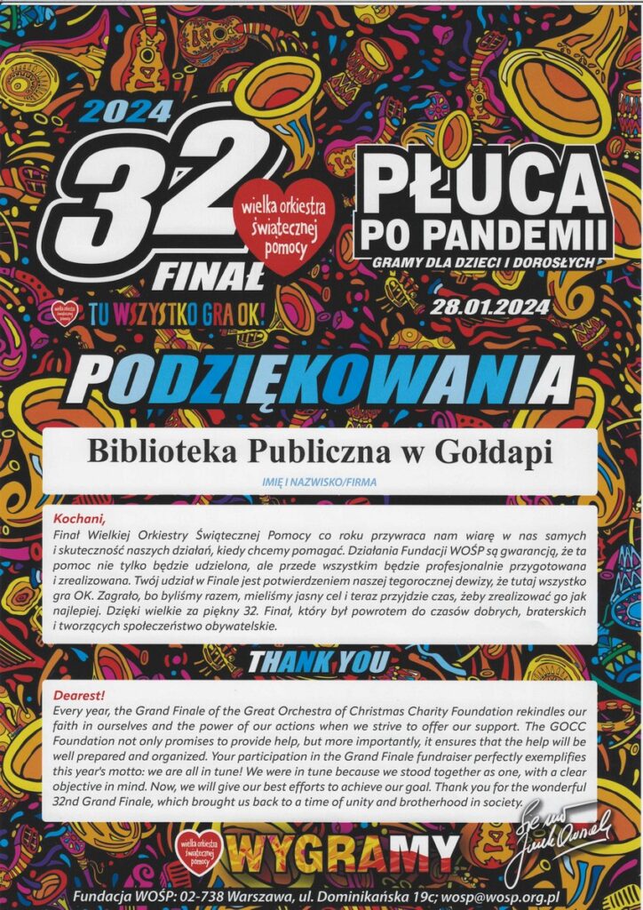 Kolorowy plakat z podziękowaniem dla Biblioteki Publicznej w Gołdapi za udział w akcji WOŚP.