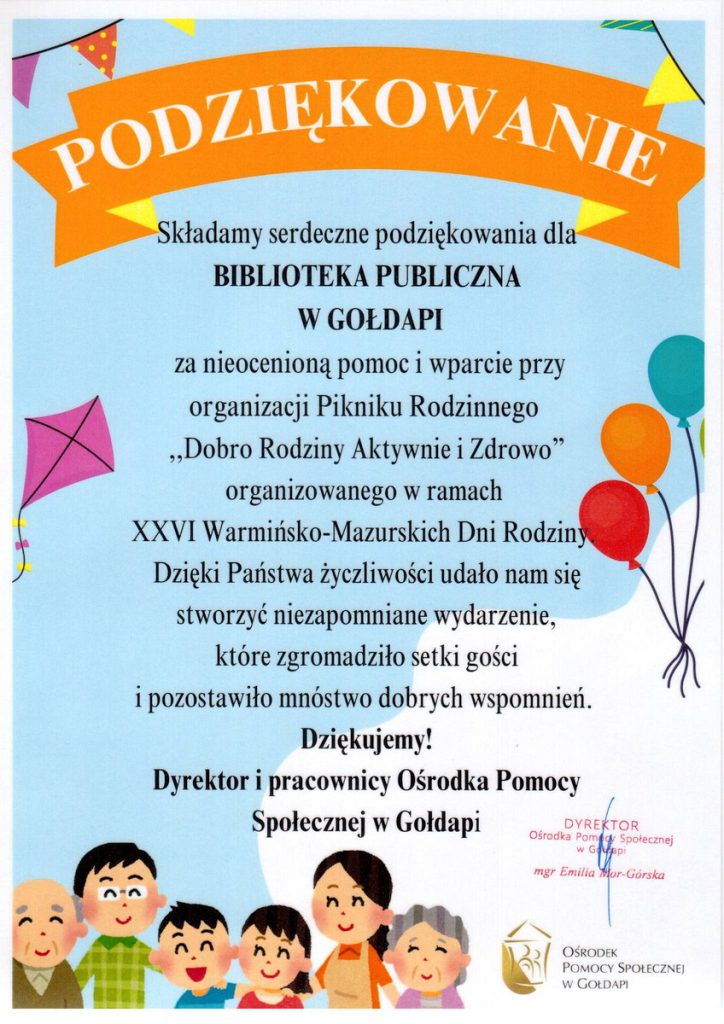 Podziękowanie Bibliotece Publicznej w Gołdapi od Ośrodka Pomocy Społecznej w Gołdapi za pomoc w organizacji Pikniku Rodzinnego.