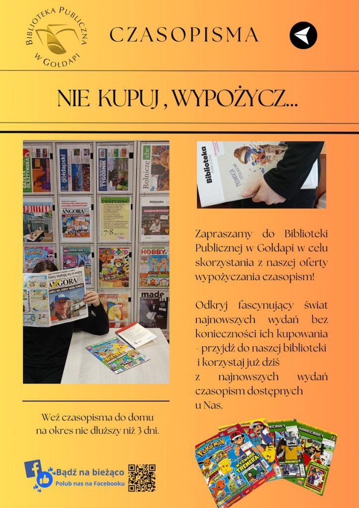 Na zdjęciu widzimy plakat informujący o możliwości wypożyczenia czasopism.