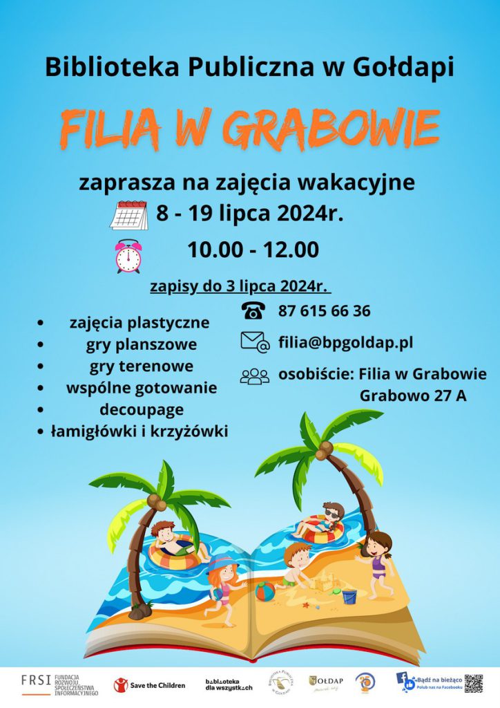 Niebieski plakat z książką na której widzimy plażę, palmy i bawiące się dzieci. Plakat z informacjami o zajęciach wakacyjnych w filii w Grabowie.