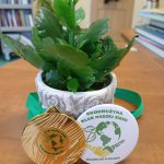 Medal otrzymany przez pracownika biblioteki oparty o kwiatka.