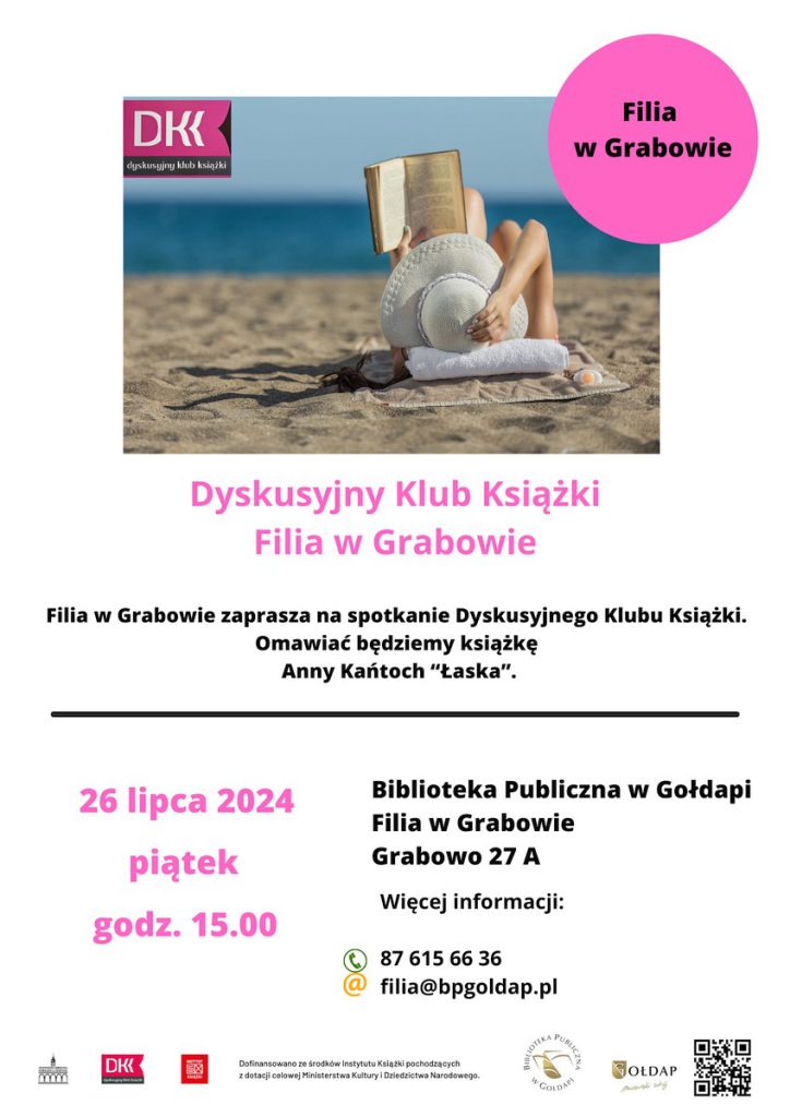 Plakat informujący o nadchodzącym spotkaniu. Plakat przedstawia panią w białym kapeluszu , leżącą na  plaży , czytającą  książkę.