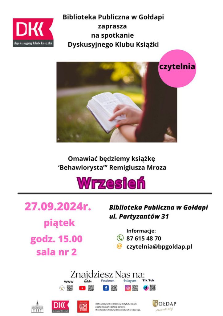 Na plakacie widnieje książka trzymana w ręku, są zawarte wszystkie informacje o spotkaniu.