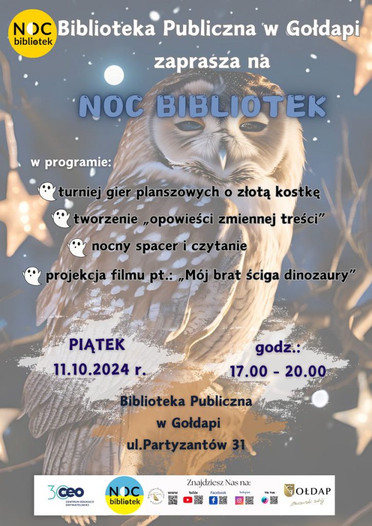 Plakat z motywem sowy zapraszający na Noc Bibliotek. 