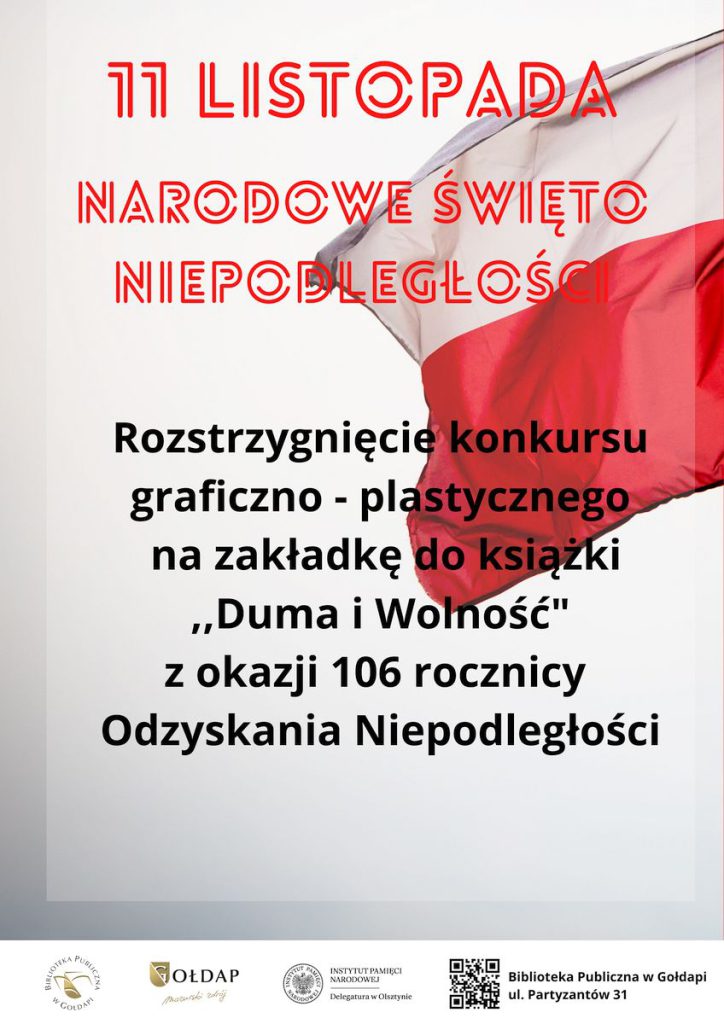 Plakat informujący o rozstrzygnięciu konkursu graficznego „Nasza historia w znaczku”.