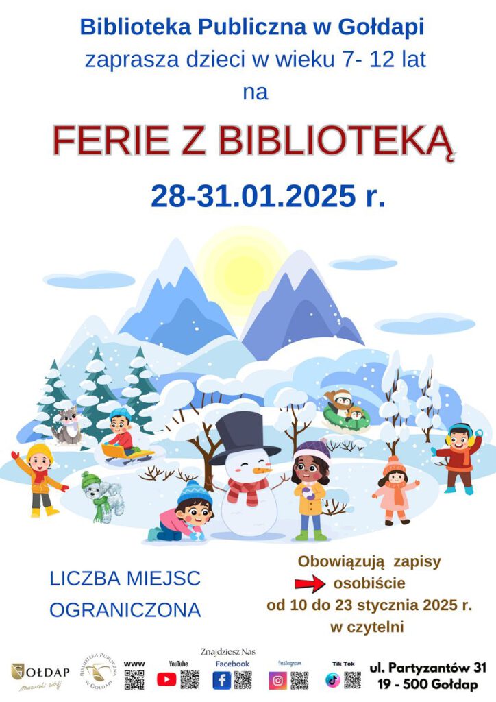 Na plakacie są umieszczone wszystkie informacje na temat zajęć oraz widoczny jest obraek zimowy z bawiącymi się dziećmi.