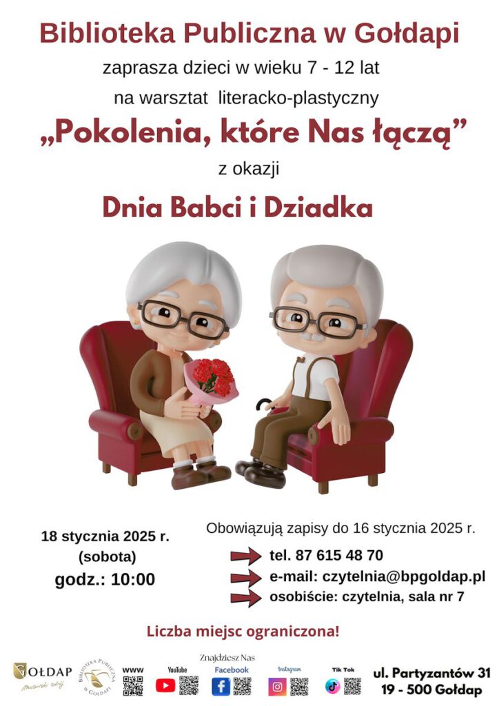 Plakat z informacją na temat warsztatu, miejsca odbywania się, godzinie i zasadach zapisów na warsztat. Na plakacie również obrazek babci i dziadka siedzących na fotelach.