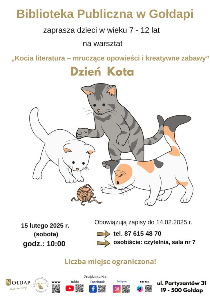 Na plakacie widoczne wszystkie informacje dotyczące warsztatu oraz obraz trzech kotków bawiących się szpulką nici.