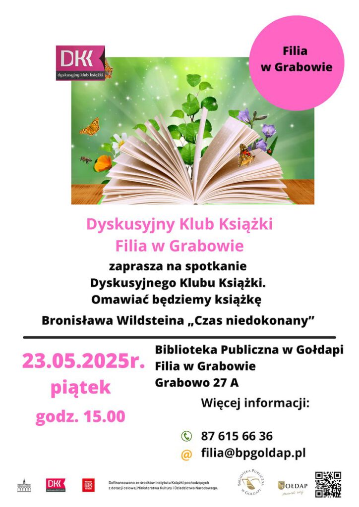 Plakat informujący o nadchodzącym spotkaniu. Plakat przedstawia książkę na zielonym tle.