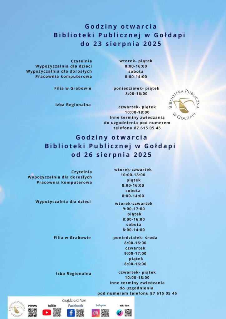 Plakat informujący o zmianach godzin w okresie wakacyjnym.