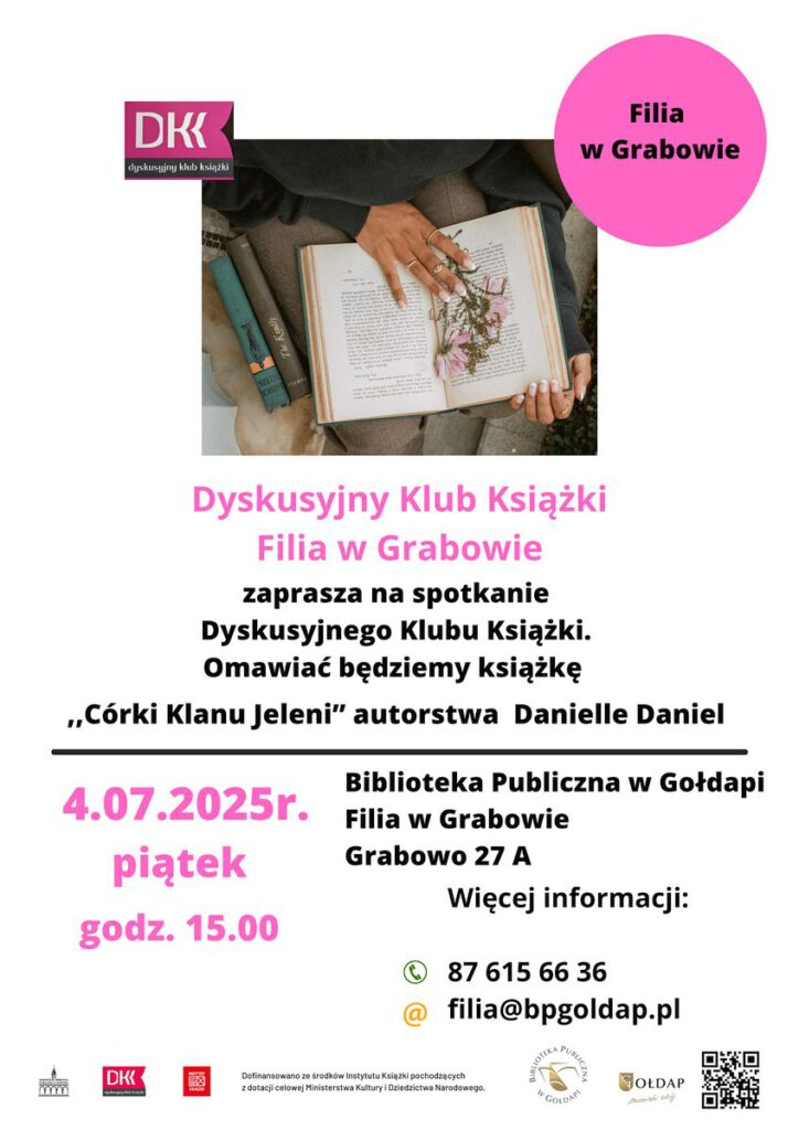 Plakat informujący o nadchodzącym spotkaniu. Plakat przedstawia otwartą książkę trzymaną na kolanach w której jest kwiatek.
