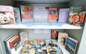 Zdjęcie przedstawia półkę z książkami w szafie bookrosingowej.