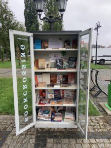 Otwarta szafa z poukładanymi książkami na półkach.