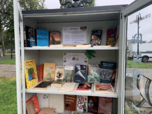 Półki w szafie z poukładanymi książkami.