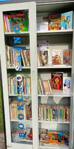 Fotografia przedstawia otwarta szafę bookrosingową