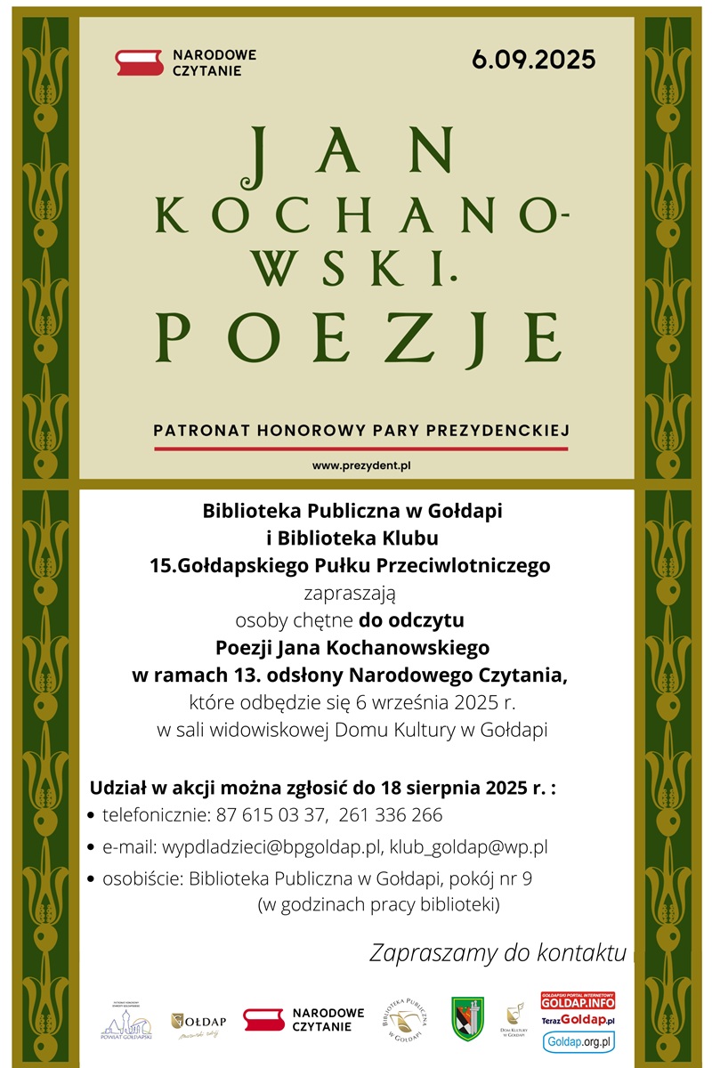 Plakat zapraszający do odczytu fragmentów poezji Jana Kochanowskiego