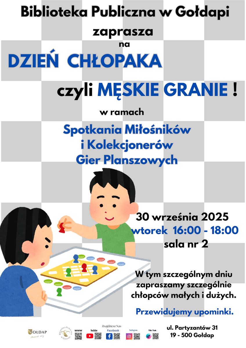 Na plakacie zamieszczono wszystkie informacje dotyczące wydarzenia oraz obrazek dwóch chłopców grających w planszówki.