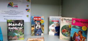 Fotka przedstawia Małe książki poustawiane na jednej półce.