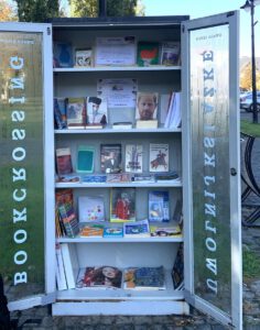 Otwarta szafa bookcrossingowa a w niej poukładane na półkach książki.