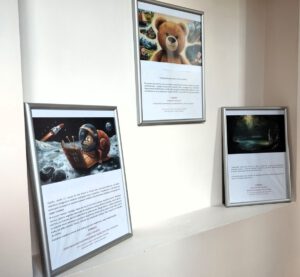 Na zdjęciu widzimy prace konkursowe mieszczące się w ramach na ścianie.