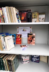 Książki ustawione na półkach w szafie.