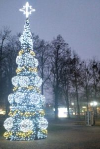 Na zdjęciu widzimy dużą świecącą choinkę, a w tle stoi szafa bookcrossingowa.