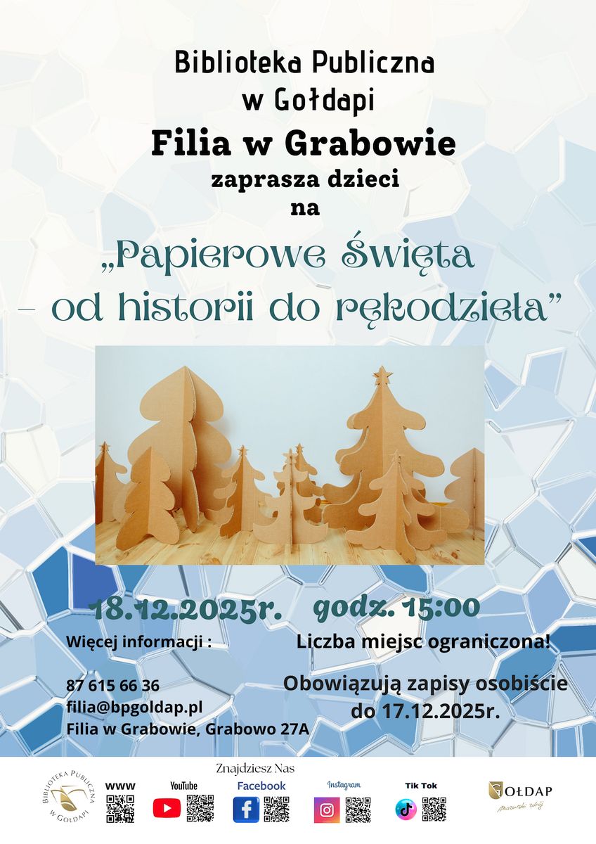 Plakat informujący o warsztacie „Papierowe Święta – od historii do rękodzieła” na którym znajduje się choinki z makulatury.