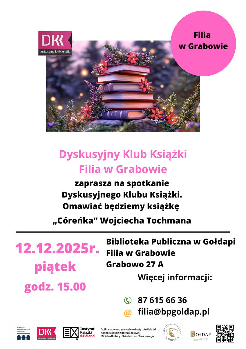 Plakat informujący o nadchodzącym spotkaniu. Plakat przedstawia książkę zimowej scenerii.