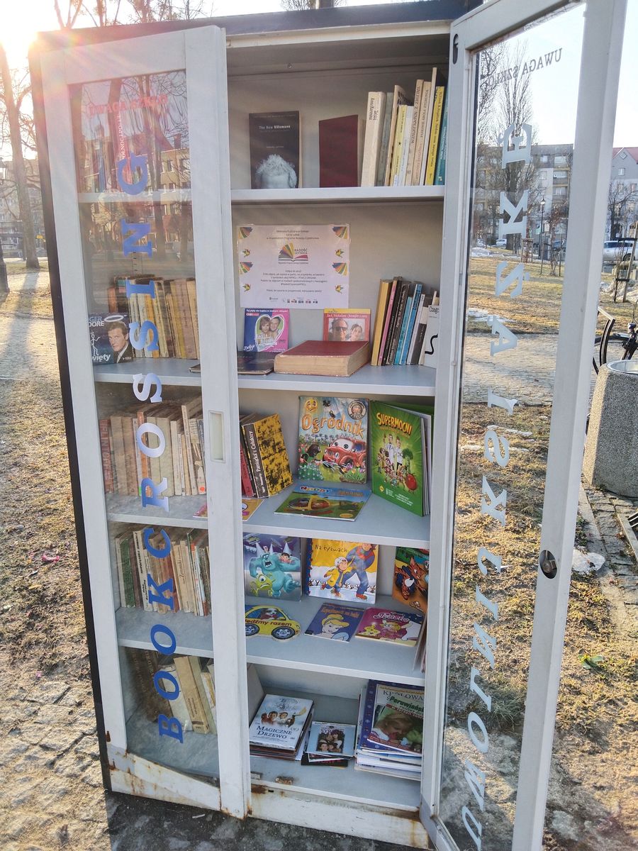 Otwarta szafa z książkami w parku.