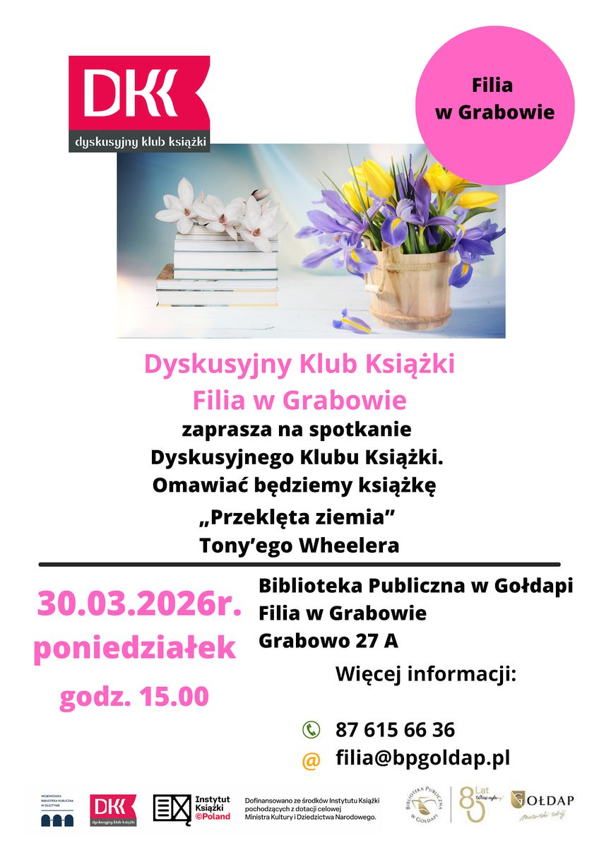 Plakat informujący o nadchodzącym spotkaniu. Plakat przedstawia książkę i wiosenne kwiaty.