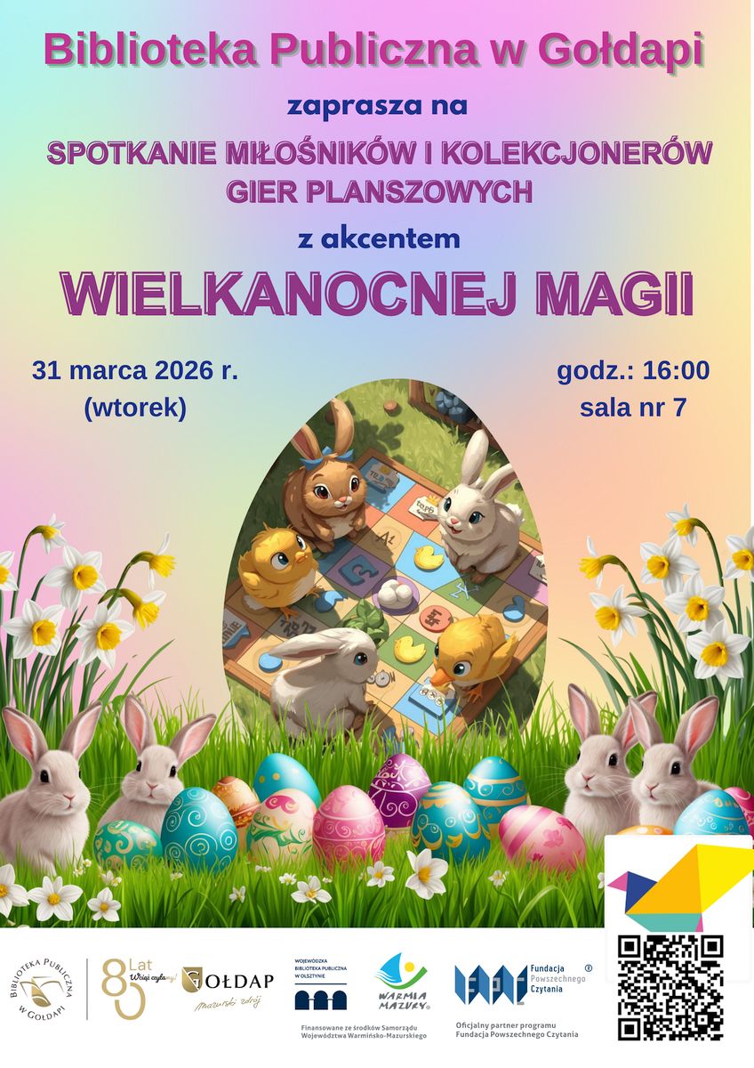 Na plakacie widnieją wszystkie informacje dotyczące wydarzenia, grafika w kształcie jajka ora kolorowe pisanki i zajączki.