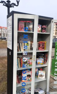 Na zdjęciu widzimy szafę z książkami na półkach.