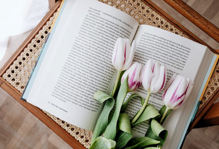 Otwarta książka a na jej środku leżą tulipany.