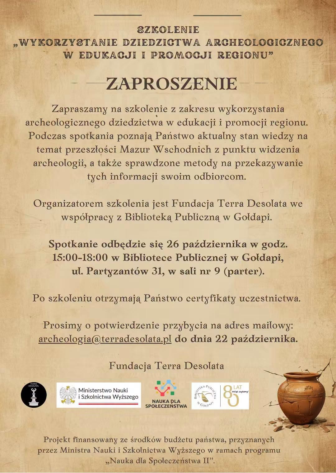 Zapraszamy na szkolenie z edukacji archeologicznej!